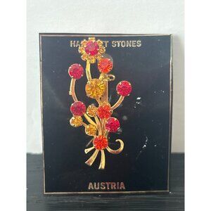 VTG Austria Floral Spray Brooch Red/Orange Rhinestones Gold-Tone Metal Unsigned